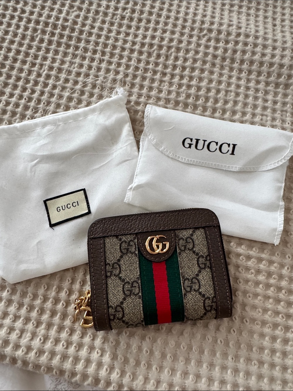 Gucci Brown GG Supreme Card Case with Green-Red Web and Gold Double G